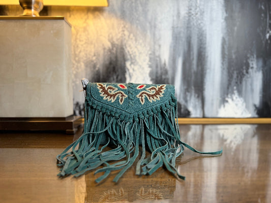 Wrangler Suede Leather Fringe Crossbody | Turquoise